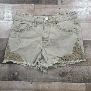 Aeropostale Shorty Shorts Womens 0 Green Hot Pants High Waisted Lace Rinse Denim